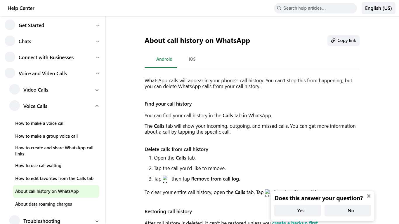 About call history on WhatsApp WhatsApp Help Center